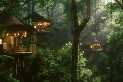 Elevated thatched-roof huts nestled amongst lush green trees in a dense forest at twilight