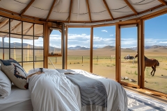 there is a bed with a white comforter and a horse in the background